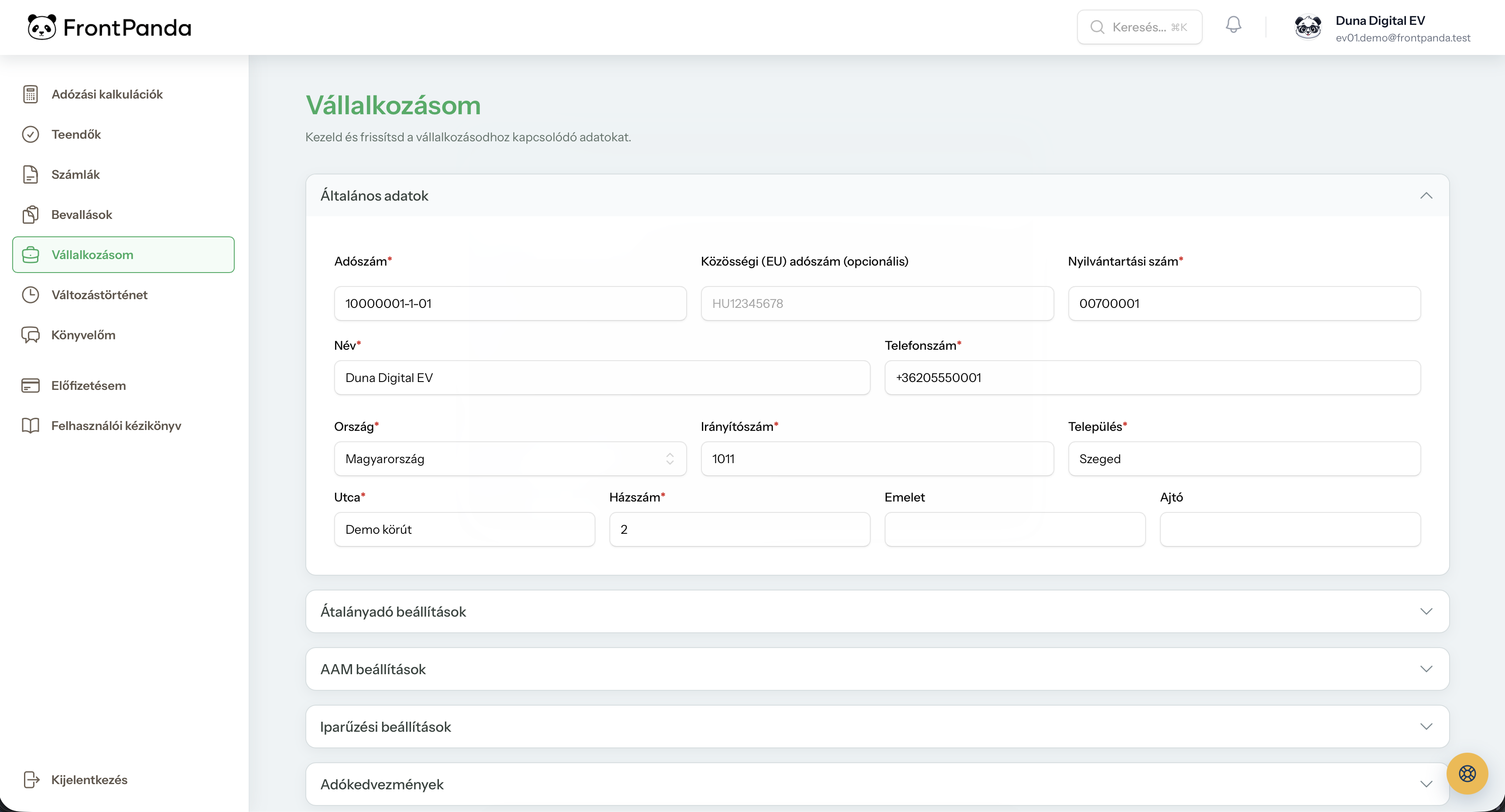 Frontpanda onboarding és adózási profil beállításának képernyőképe